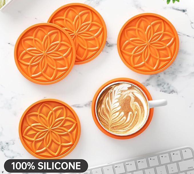 HFHOME Silicone Coasters Set with Holder - 6 Pack Drink Coasters for Coffee Table, Bar Tabletop Protection - Orange