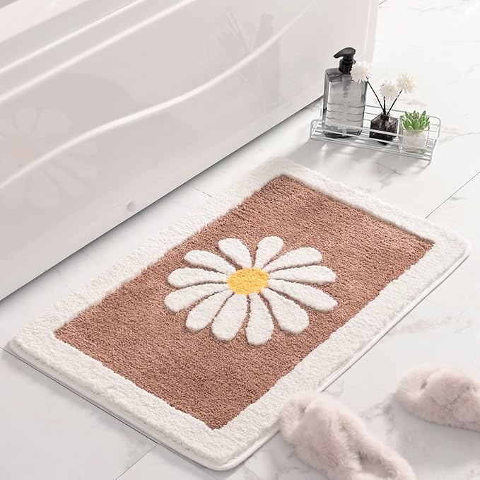 Bathroom Mat, White Flower Bath Rug, Soft Superfine Fiber, Non Slip, Machine Wash, Plush - Brown (20x32)