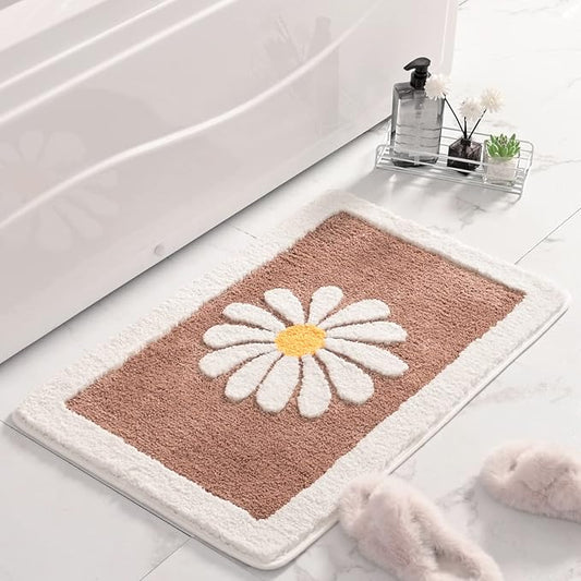 Bathroom Mat, White Flower Bath Rug, Soft Superfine Fiber, Non Slip, Machine Wash, Plush - Brown (20x32)