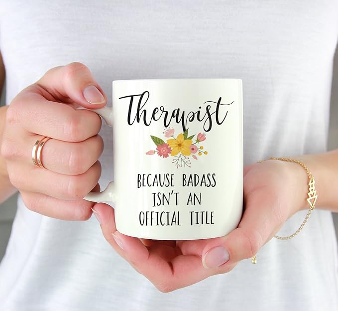 Andaz Press 11oz. Coffee Mug Gag Gift, Therapist Because Badass Isn't an Official Title, Floral Graphic, 1-Pack Funny Therapist Mug Therapist Gag Gifts Therapist Coffee Mug