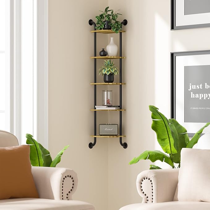 Corner Shelf Wall Mount 5-Tier, Wall Decor for Home Living Room Bedroom, Wall Corner Shelves Bookshelf, Rustic Industrial Pipe Shelves, Brown