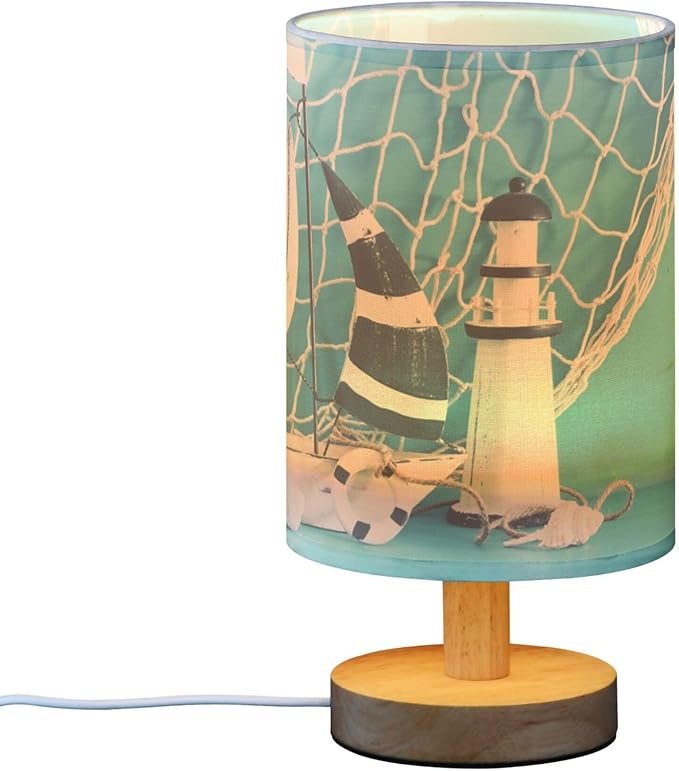 Table Lamp Nautical Sailboat Lighthouse Seashell Fishnet Blue Wood Nightstand Lamp with Wood Base Fabric Lamp Shade Bedside Desk Lamp for Living Room Bedroom Kids Room Office