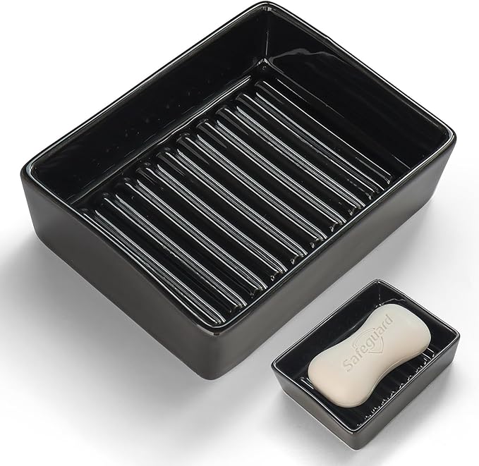 Soap Dish for Shower, Rectangle Ceramic Soap Dishes, Classic Modern Style soap Dish adds Beauty and enhances The Premium Look of The Bathroom, Non-Slip Ceramic Soap Holder(Black)