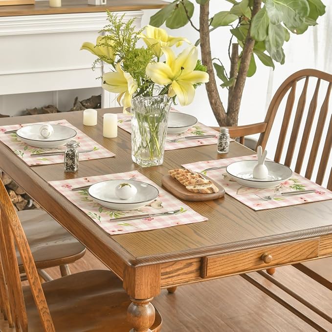 Artoid Mode Pink Buffalo Plaid Bunny Ears Flower Easter Placemats Set of 4, 12x18 Inch Seasonal Holiday Table Mats for Party Kitchen Dining Decoration