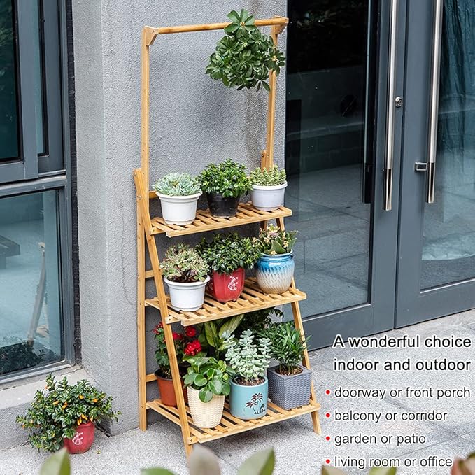 COPREE Bamboo 3-Tier Hanging Plant Stand Planter Shelves Flower Pot Organizer Rack Folding Display Shelving Plants Shelf Unit Holder