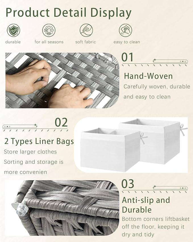 Storage Basket with Lid Rattan Storage Basket with 2 Separate Lid, 27.8 Gallon (105 L) 25.2 * 15.4 * 16.1 Inches Woven Wicker Baskets with 2 Liners and Handles for Bedroom Laundry-Gray