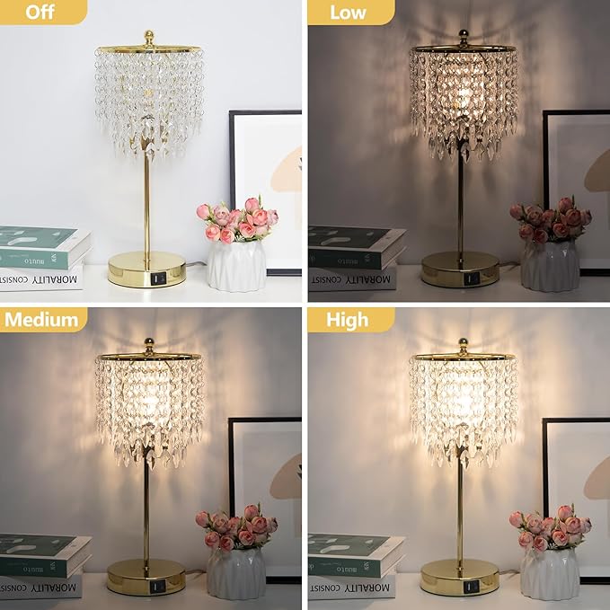 Boncoo Crystal Table Lamp Set of 2, 3-Way Dimmable Nightstand Lamp with 2 USB Charging Ports, Gold Bedside Lamp for Bedroom, Touch Lamp with Elegant Shade for Living Room, B11 LED Bulb Included