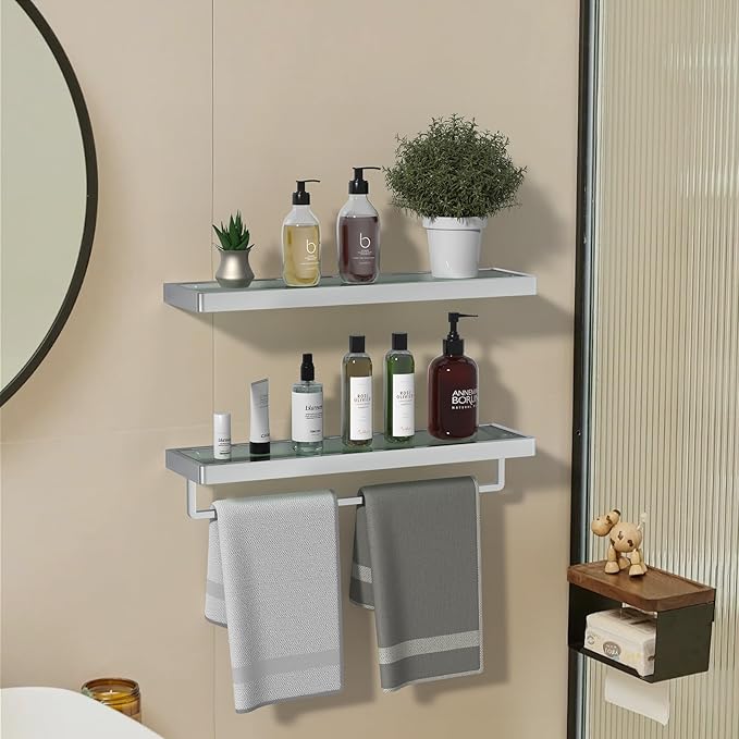 Bathroom Shelves/Glass Shelf Wall Mount 20-in with Towel Bar/Rack Floating Shelves for Bathroom Tempered Glass Rectangular 1 Tier Organizer Wall Shelf (Chrome Polished, 20'')