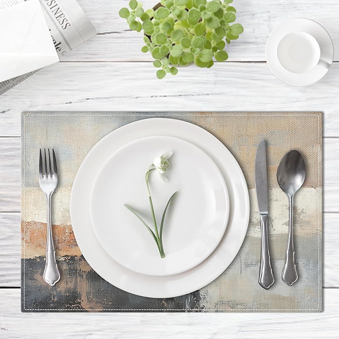 Emvency Farmhouse Placemats Set of 4, Vintage Black and Grey Abstract Art Painting 12x18 Inch Table Mats for Outdoor Home Party Kitchen Dining Decoration