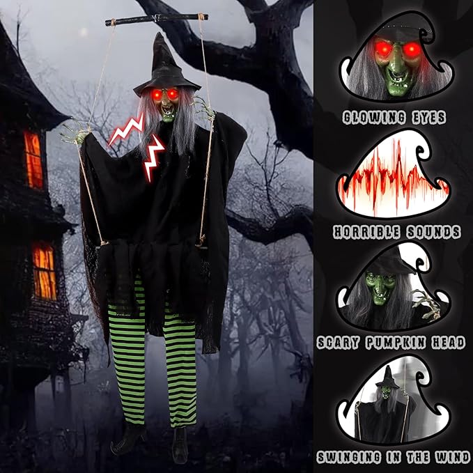 Scary Halloween Decorations Outdoor, Halloween Hanging Swinging Witch with Sound & Slap Activated, Light Up Eyes Creepy Sound Expressions, Large Scary Halloween Decor Props for Indoor Outside