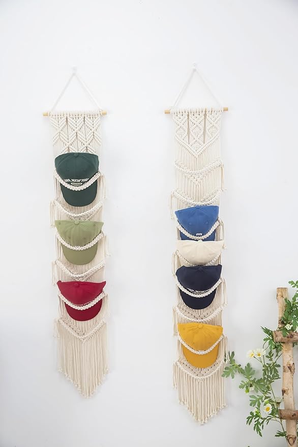 Macrame Cap Holder, Boho Hats Organizer for Baseball Caps, Hat Rack for Wall Hanging Decoration, Cap Rack for Collection Display, Handmade Cap Hanger Storage Organizer (Eight hats)