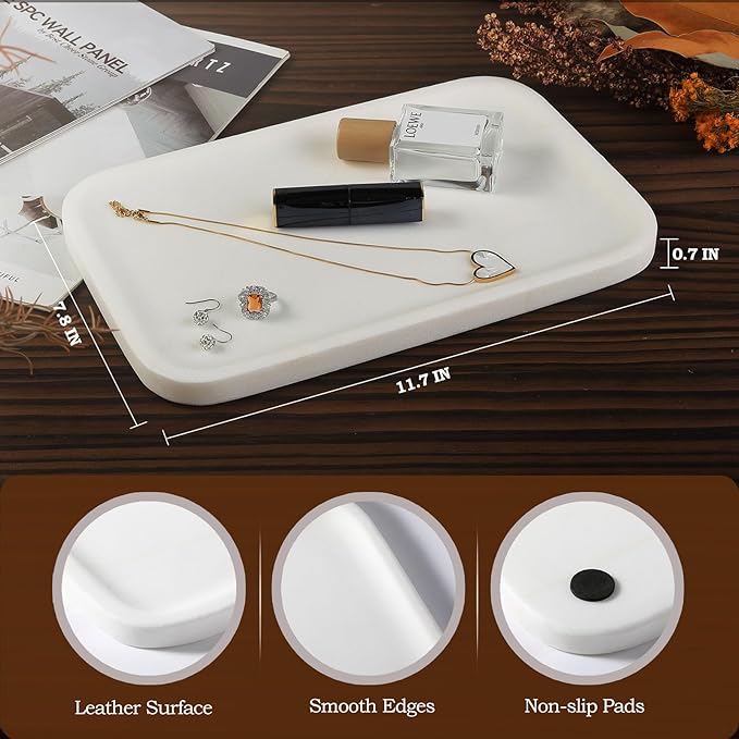 Koville Marble Vanity Tray, 12"x8" Marble Organizer Tray for Countertop Bathroom Kitchen Dresser, Rectangular Decorative Jewelry Dish for Cosmetics Perfume Trinket(White)