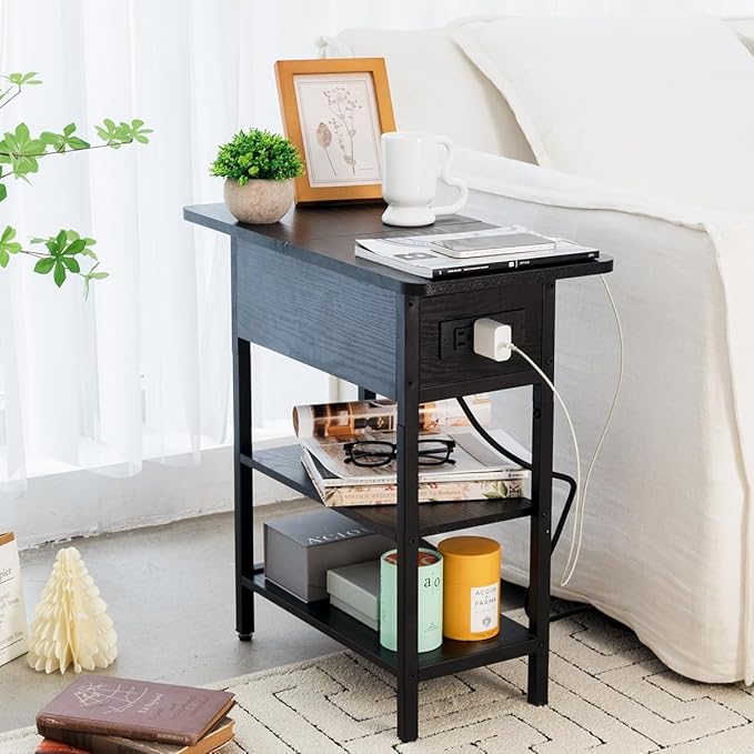 Yoobure End Table with Charging Station, Flip Top Side Table with USB Ports and Outlets, Sofa Couch Table Bedside Table for Living Room Bedroom, Narrow Nightstand with Storage Shelves for Small Space