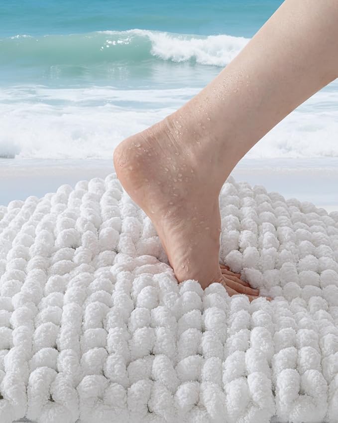 DEXI Bathroom Rugs 24x43, Non Slip Washable Bath Mat, Luxury Chenille Super Absorbent Thick Bathmats for Shower Floor, Plush Fluffy Shaggy Carpet for Tub, White