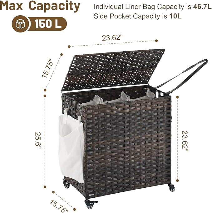 Laundry Hamper with Wheels, 39.6 Gallon(150L) Rolling Laundry Basket with Lid, 3-Section Rattan Clothes Hamper with 3 Removable Liner & 3 Mesh Bags, Laundry Sorter with Side Pocket, Brown