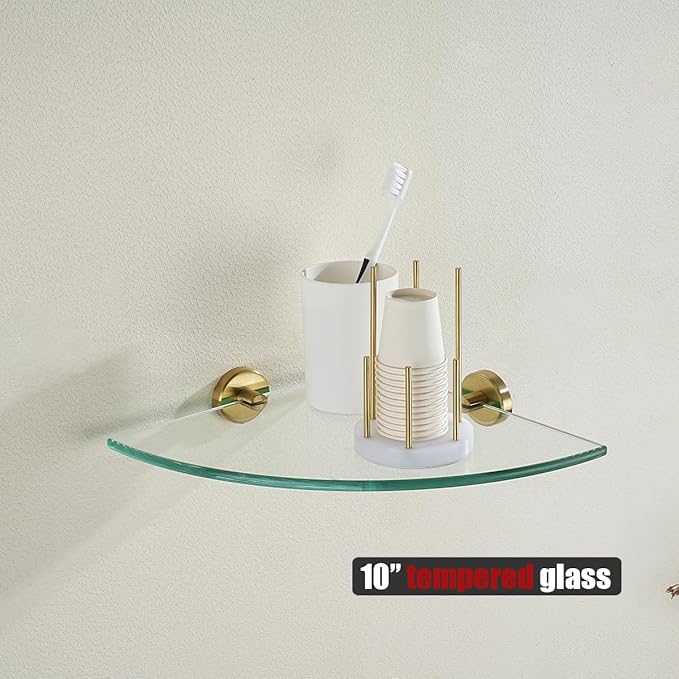 JQK Corner Glass Shelf, Brushed Gold Bathroom 304 Stainless Steel Shower Triangle Floating Wall Shelf, 10 x 10 Tempered Glass, 3 Pack, TGS190L10-BG-P3