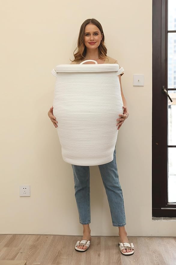 26" x 20" Tall Extra Large Storage Basket with Lid, Cotton Rope Storage Baskets, Woven Laundry Hamper with Cover, Cloth Storage Bin, for Clothes Towels in Living Room, All White