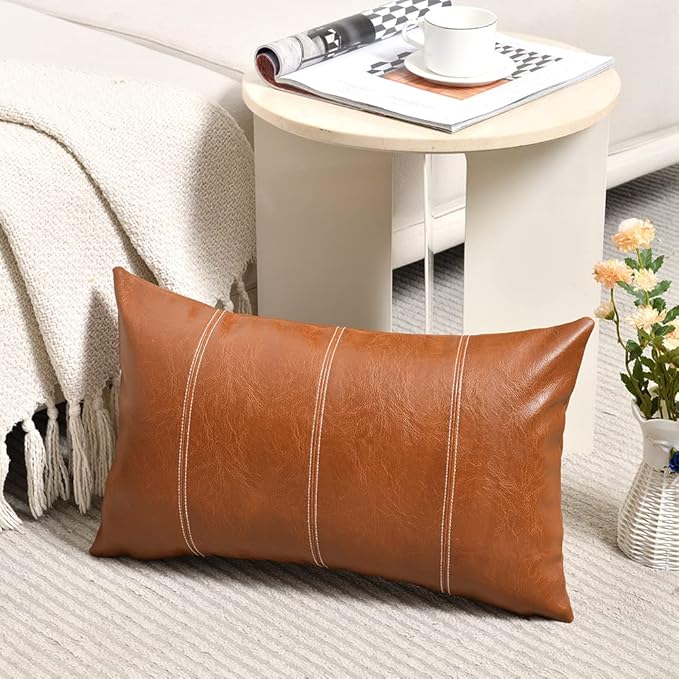 Fancy Homi 2 Packs Brown Boho Long Lumbar Faux Leather Decorative Throw Pillow Covers 16x24 Inch for Couch Bed Sofa, Hand Stitched Rectangle Cushion Case, Rustic Modern Farmhouse Home Decor