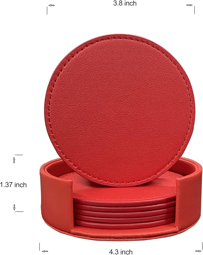 Coasters Set of 6 Soft Leather Drink Coaster Round Coaster with Sewing Around, Suitable for Various Cups, Wooden Tables,Home Decoration,4 Inches(Bright Red)