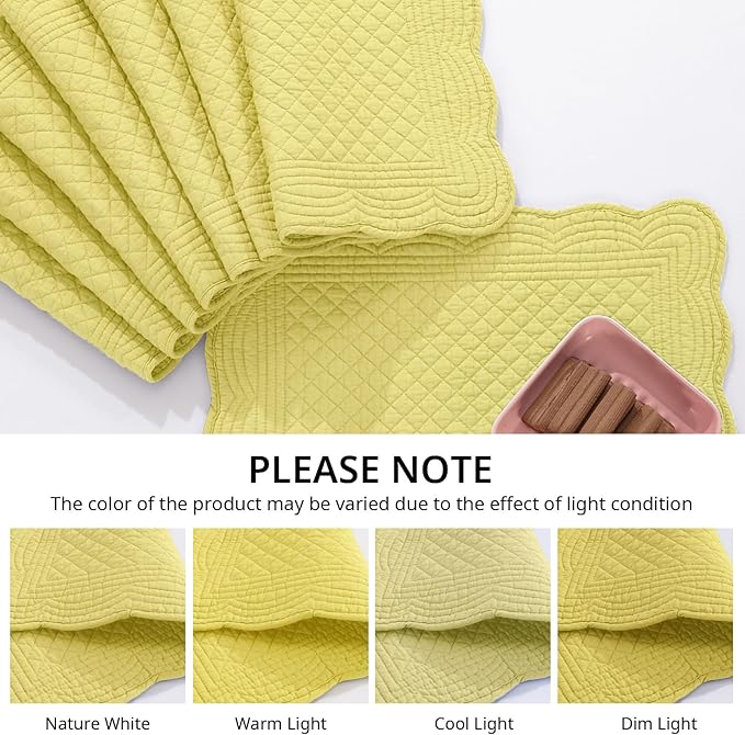 HOMBYS Quilted Placemats Set of 6 Washable-13x18 inches Rectangular Placemats for Kitchen Table-100% Cotton Fabric Rectangular Table Mats, (Yellow)