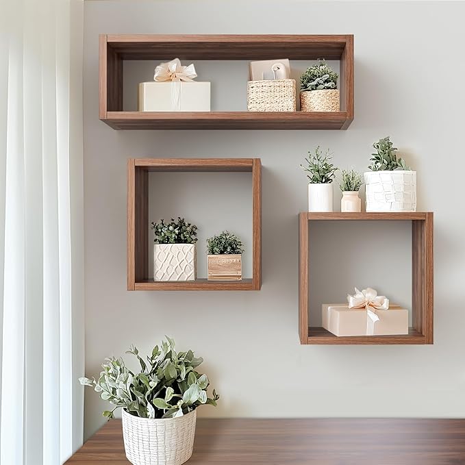 Kaboon Cube Floating Shelves Set2, Display Shelves Wall Mount 7.75" D x 12.5" W x 12.5" H, (Walnut, Square 2 Cubes)