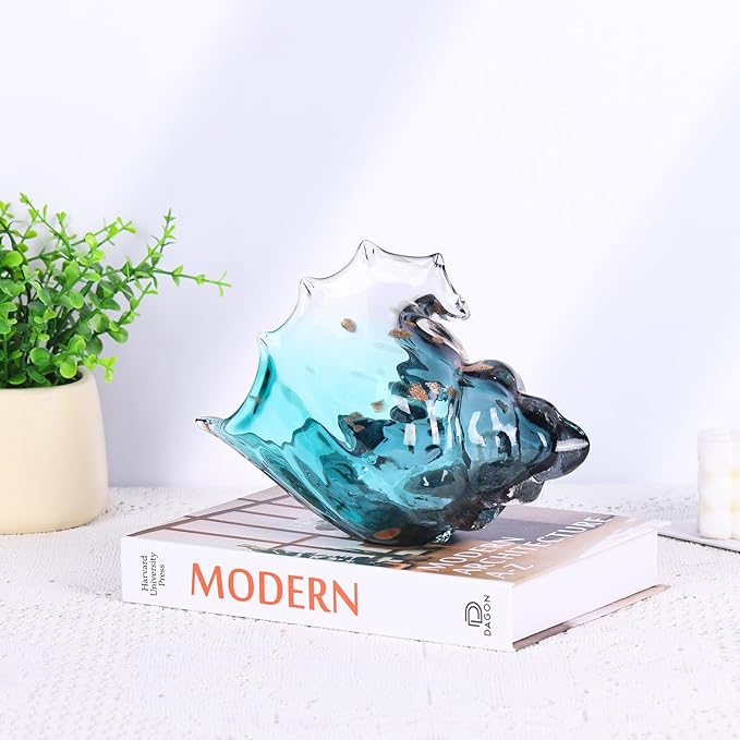 Sea Glass Art Figurines Hand Blown Conch Shell Sculpture, Green Glass Decor Creative Seashell Statue - for Coastal Room Knick Knacks, Home Kitchen Decorations Above Cabinets