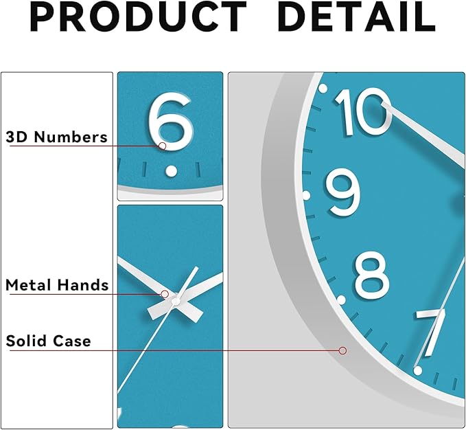 Wall Clock, 10 Inch Silent Wall Clocks Battery Operated-Modern Non Ticking Analog Clock Decorative for Kitchen Bedroom Office Bathroom(Blue)