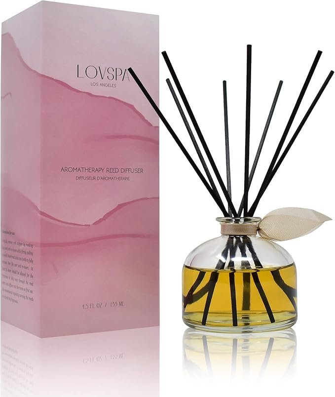 LOVSPA Sandalwood & Amber Scented Reed Diffuser Set - Air Freshener for Any Room - Notes of Bergamot, Orange, Rose & Violet with Base of Cedarwood & Vanilla - Made in The USA