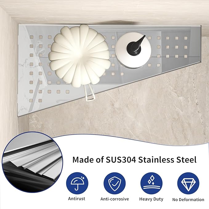 Corner Shower Shelf 12" Polished 304 Stainless Steel Recessed Trapezoid Shampoo Shelves with Grid Design Bathroom Shelf Racks for Tiled Wall, No Drilling Needed, 2 Pack