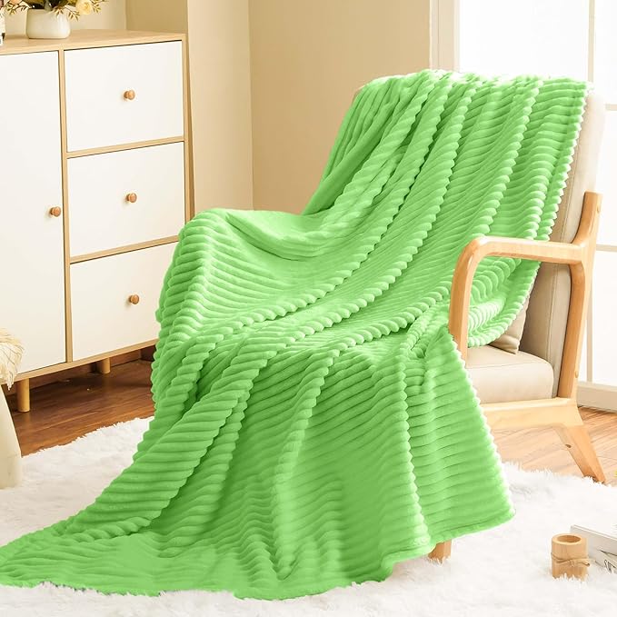 Vessia Flannel Fleece Throw Blanket for Couch, Sofa, Bed, 300GSM Microfiber Light Green Striped Chair Blanket, Super Soft Warm Cozy Lightweight Ribbed Throw for All-Season