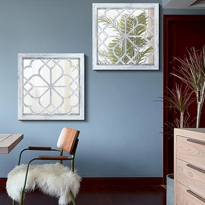 Wocred 2 PCS Square Wall Mirror,Gorgeous Rustic Farmhouse Accent Mirror,Rustic White Color Entry Mirror for Bathroom Renovation,Bedrooms,Living Rooms and More(16”x16”)