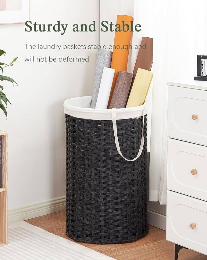Large Laundry Hamper Laundry Basket Round 34.3 Gal (130 L) Handwoven Wicker Laundry Baskets Rattan Laundry Basket with Removable Bag Handles 2 Mesh Bags for Living Room Bedroom Black