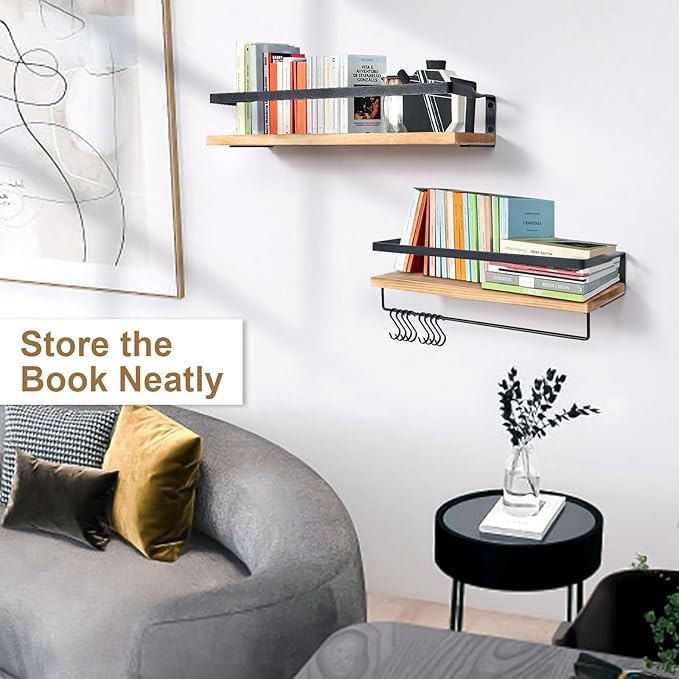 AGM Floating Shelves, Bathroom Shelf Set of 2, Wall Storage Shelf with Towel Bar & 8 Hooks, Wall Mounted Shelves for Bathroom, Bedroom, Kitchen, Living Room Decor