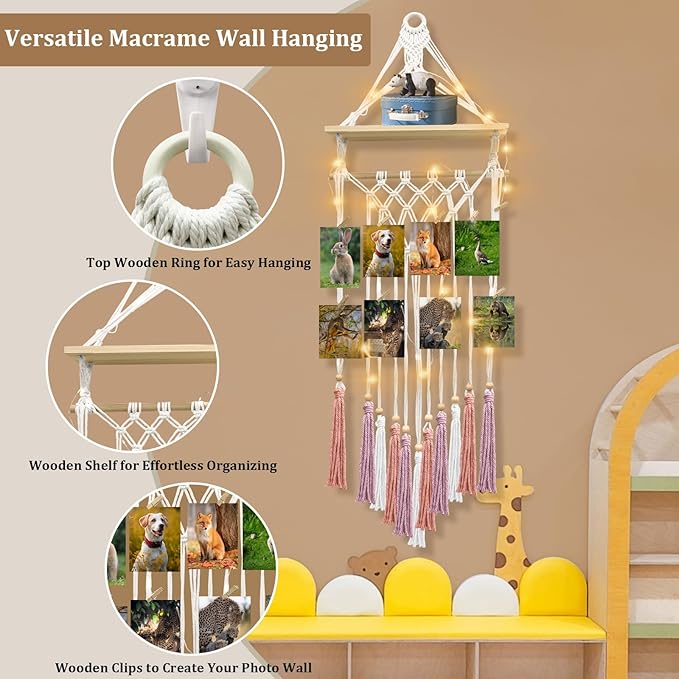 Macrame Wall Hanging Bohemian Photo Display Holder with Wooden Shelf Tassels Decorative LED Light Strings Hooks 20 Clips Boho Art Picture Card Hangers Handmade Tapestry Romantic Gift - Pink