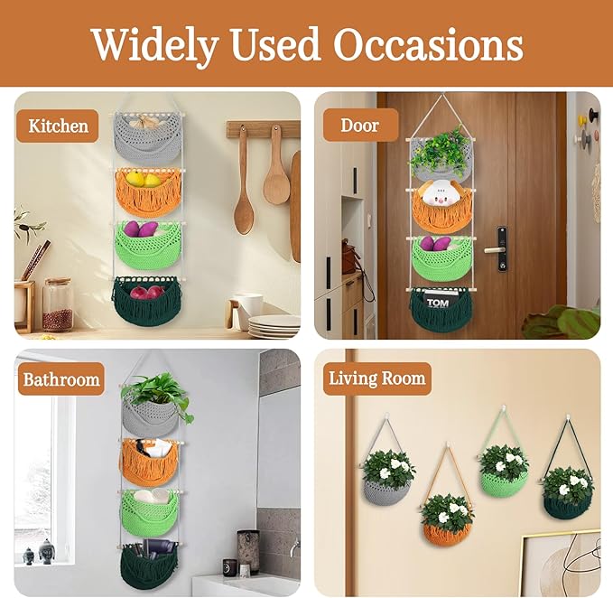 4 Tier Hanging Fruit Basket for Kitchen, 4 Pack Detachable Cotton Crocheted Wall Hanging Basket Over Door Organizer for Fruit Veggie Plant, Hanging Shelves for Bedroom Bathroom (Mixed Color)