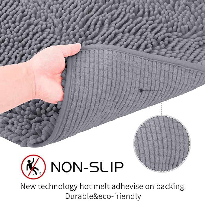 Bathroom Rugs Sets 2 Piece Washable, Luxury ,Chenille Bath Mat Set, Soft Plush Anti-Slip Rectangular Bath, Rug Super Absorbent. (Dark Gray, 32"x20"+32"x20")