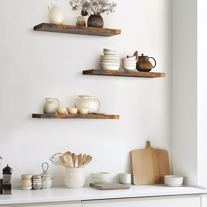 BAYKA Floating Shelves for Wall, 22.5 inches Wall Mounted Rustic Wood Shelves for Bathroom, Bedroom, Living Room, Floating Shelves for Books/Storage/Decor(Rustic Brown,Set of 3)