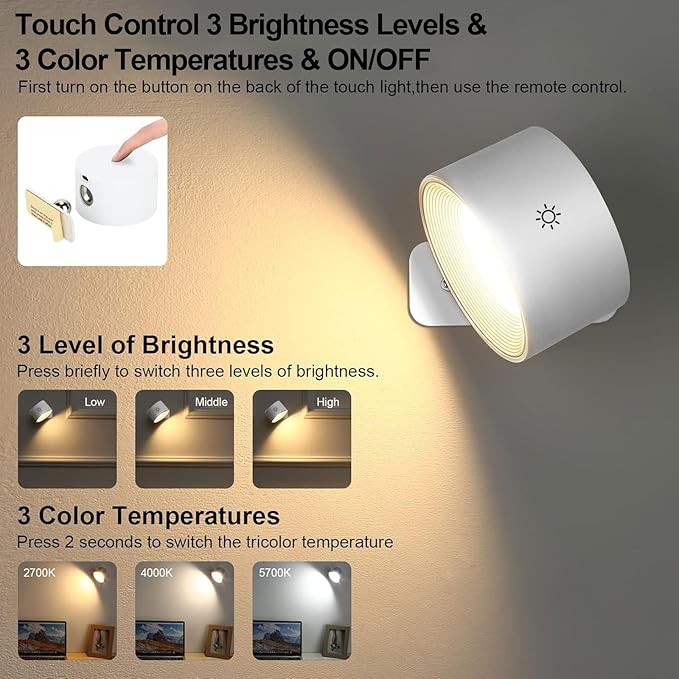 Lightess LED Smart Wall Sconces Set of 2, Dimmable Wall Mounted Lamp with 3 Lighting & RGB & Ambiance Mode, APP & Touch Control, Rechargeable Battery Operated Wall Light for Bedside Reading, White