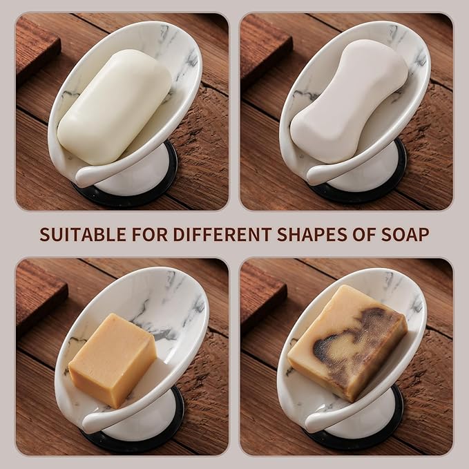 Soap Dish, Marble Soap Holder Self Draining Leaf Shape Soap Dishes,Ceramic soap Holder for Shower,Bathroom Sink, Kitchen (1, Marble)