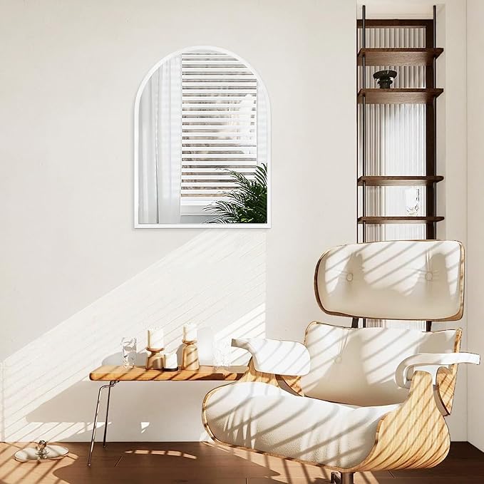 Arch Wall Mirror Bathroom Mirror White Metal Framed Mirror, Arched Metal Wall Mounted Vanity Mirror for Bedroom, Entryway, Living Room 26"x18"