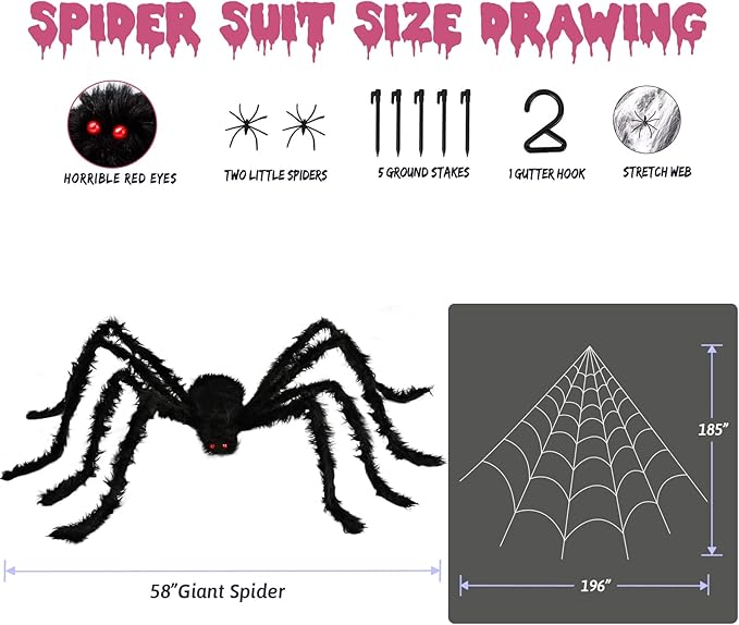 Halloween Spider Web and Giant Spiders Decorations Set Triangle Spider Web & Realistic Scary Fake Large Hairy Black Spider Props for Indoor/Outdoor Porch & Yard Parties Haunted House Halloween Décor