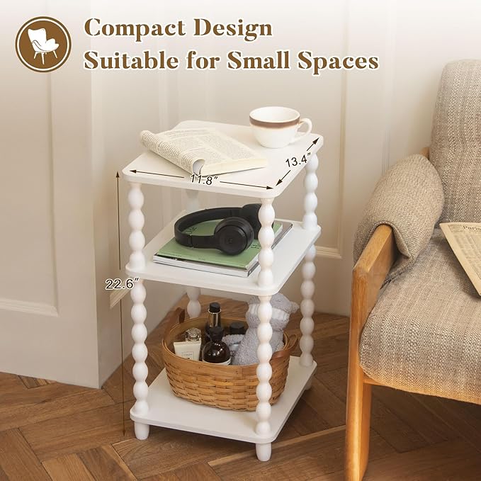 End Table, Small Side Table with 3 Tier Open Shelf, Modern NightStand Bedside Table for Living Room, Bedroom, Office and Small Spaces (White)
