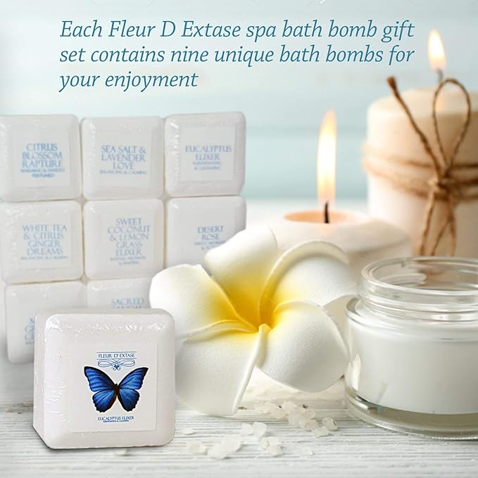 Set of 9 Organic Bath Bombs in a Beautiful Bath Bomb Gift Set - French Style Effervescent Ecstacy Bathbomb Essential Oil Spa Fizzies. Made with Natural Colors