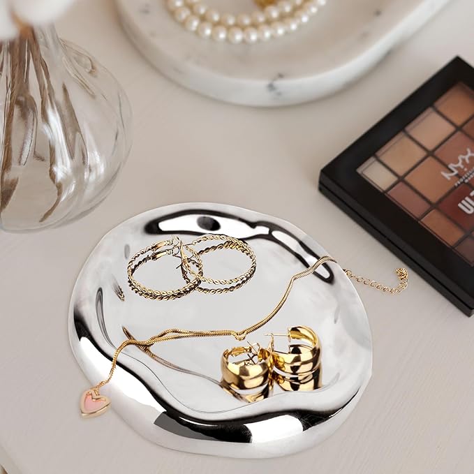 Silver Tray Decorative Vanity Tray Bathroom Tray Jewelry Dish Ceramic Silver Round Plate Holder Makeup Tray Home Organizers Irregular Storage Plate Bathroom organizer (Round)