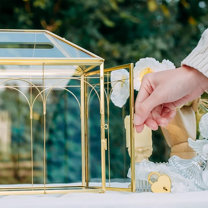 NCYP Glass Cards Box with Slot and Lock for Wedding - 12.6" x 5.9" x 9" Geometric Vintage Envelops Wishwell Card Holder - Tabletop Reception, Birthday Party Decor, Gold (Glass Box Only)