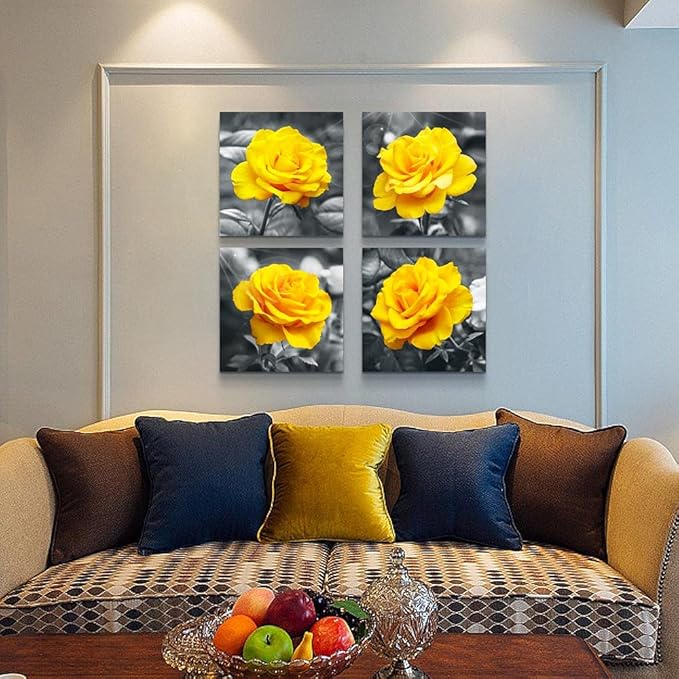 Canvas Wall Art For Living Room Family Wall Decor For Bedroom Modern Kitchen Wall Decorations Black And White Wall Pictures Artwork Yellow Rose Flowers Canvas Art Prints Bathroom Home Decor 4 Piece