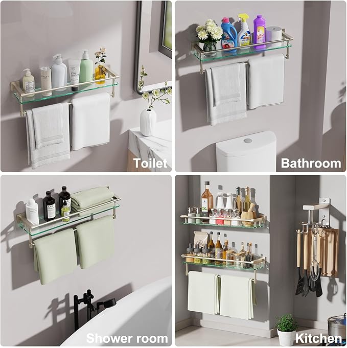 Glass Bathroom Shelf with Towel Bar, Stainless Steel Tempered Towel bar/Track Glass Bathroom Shelves Wall Mount Over The Toilet (Brushed Nickel, 20-inch)