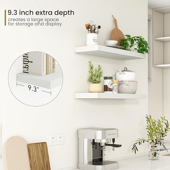 32Inch Floating Shelves, 9.3Inch Deep Rustic Wall Shelves - Extra Deeper & Thicker Wall Mounted Storage Shelf for Kitchen, Farmhouse - Set of 2 - Rustic White