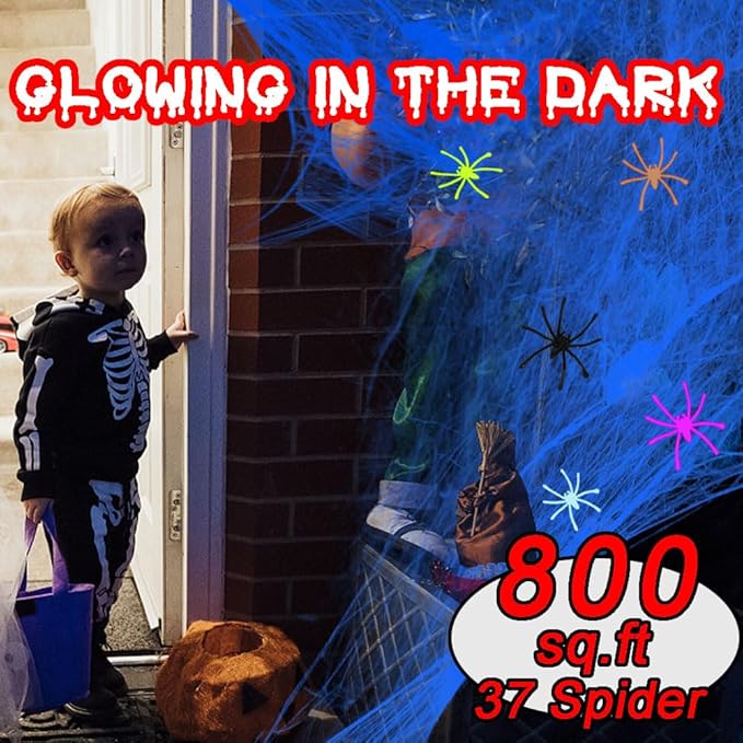 White with Blacklight Lamp,800 sqft Halloween Glow Spider Webs Indoor & Outdoor Spooky Spider Webbing with 37 Fake Spiders for Halloween Decorations