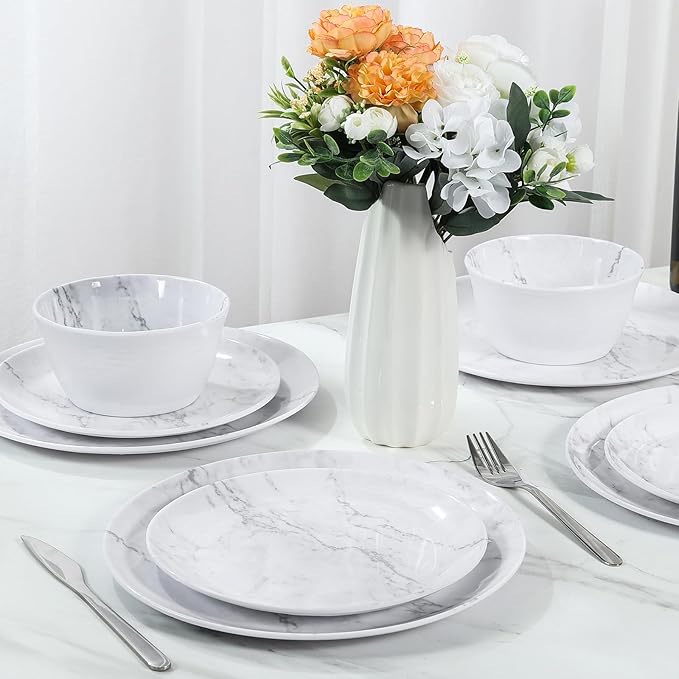 12-Piece Melamine Dinnerware Sets, Modern White Round Dish Set for 4 - Serving Plates and Bowls Sets for Snack, Dessert, Salad, Soup, Pasta - White Marble Pattern